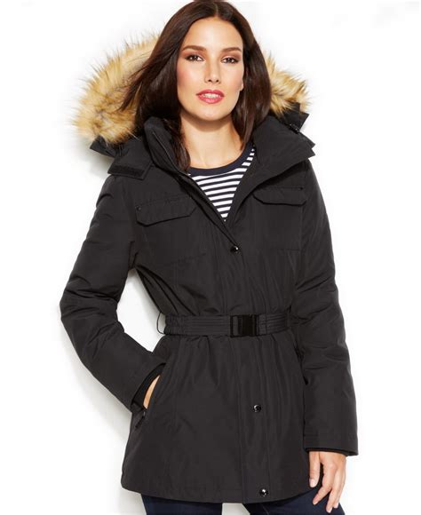 michael kors hooded black puffer coat with leather trim|michael kors faux fur jacket.